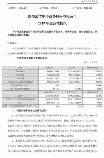 【Hi夜话】跨境通：2017年营收140亿元，全年净利7.51亿 同比增长90.73%