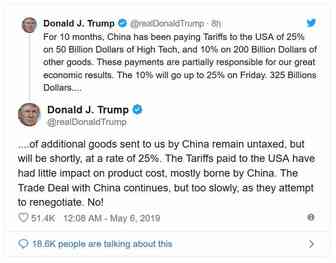 特朗普：将把价值约2000亿美元中国商品进口关税增至25%